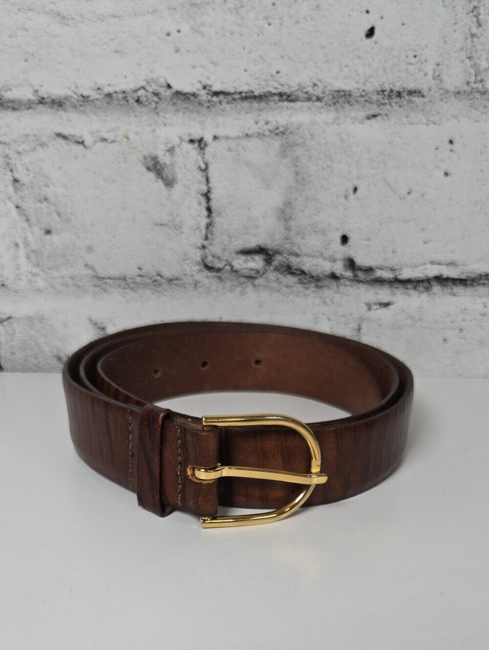Vintage Brown Leather Belt Gold Tone Buckle Size 38